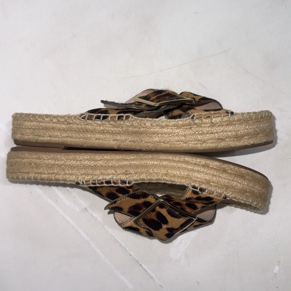 J. Crew Calf Hair Leopard Animal Print Flat Slide Espadrille Sandals Women's 9.5